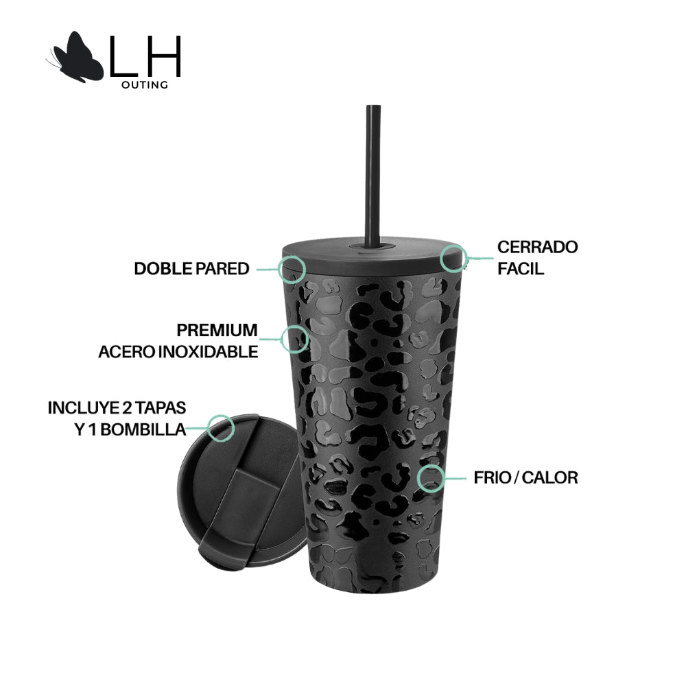 Vaso Térmico 700ml + 2 Tapas Negro Leop