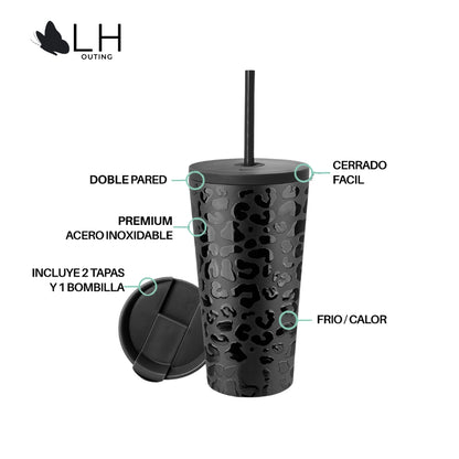 Vaso Térmico 700ml + 2 Tapas Negro Leop